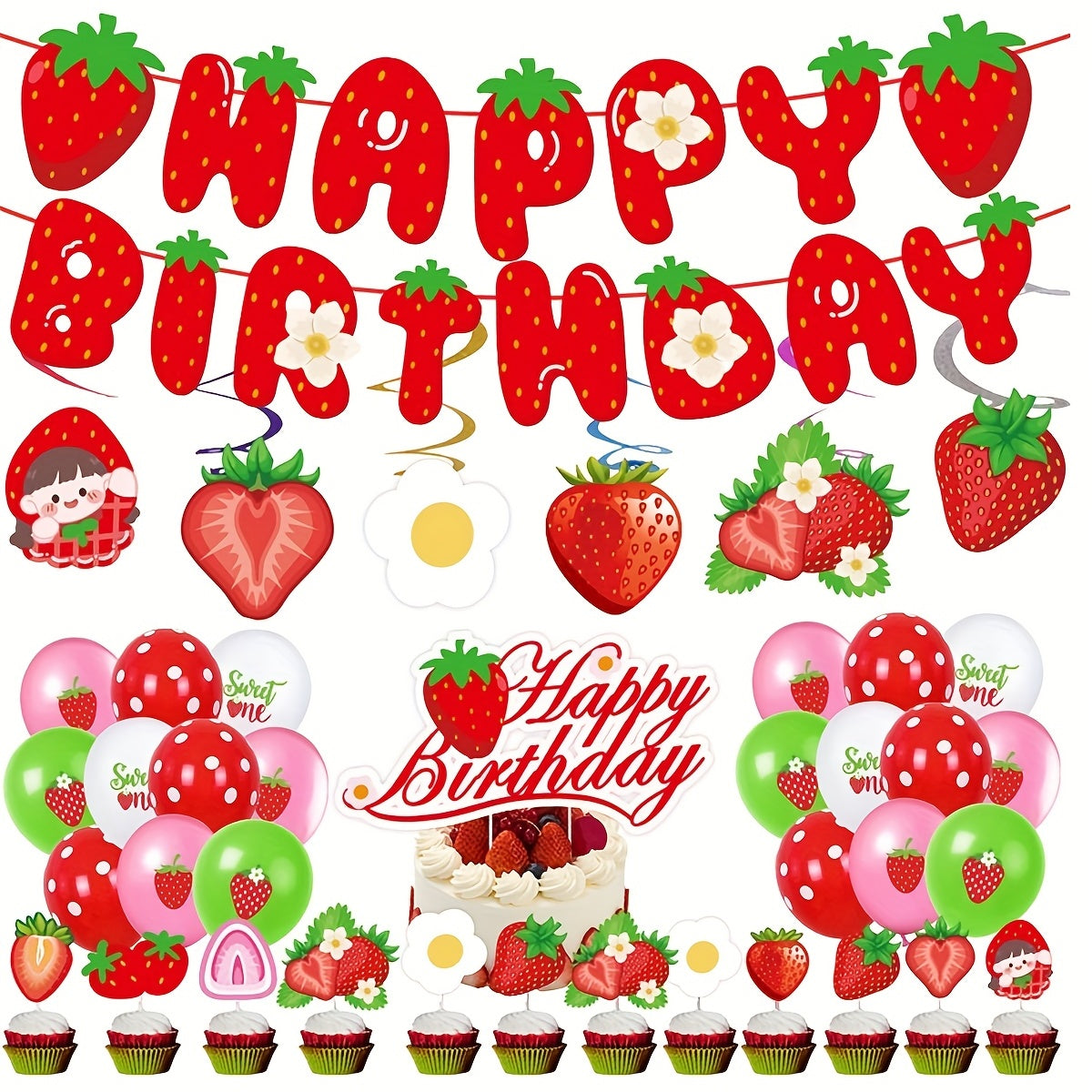 42pcs Strawberry Themed Party Decoration Set for Birthday Party