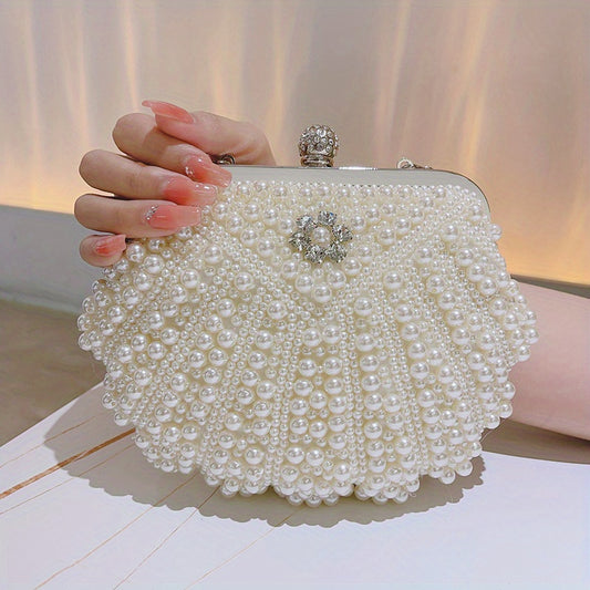 Faux Pearl & Diamond Clutch Bag Metal Chain Handbag