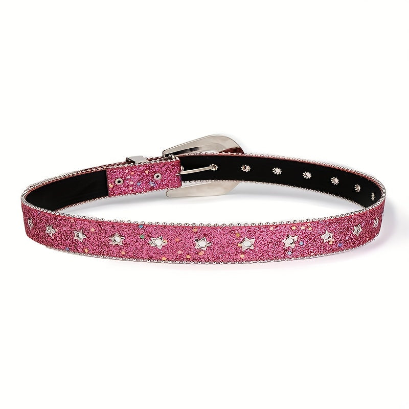 Rose Red Sequin Y2K PU Belt Star Rivet Eyelet Punk Rhinestone Belt