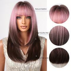 Ombre to Deep Brown Straight Hair with Bangs Wig for Women Girls