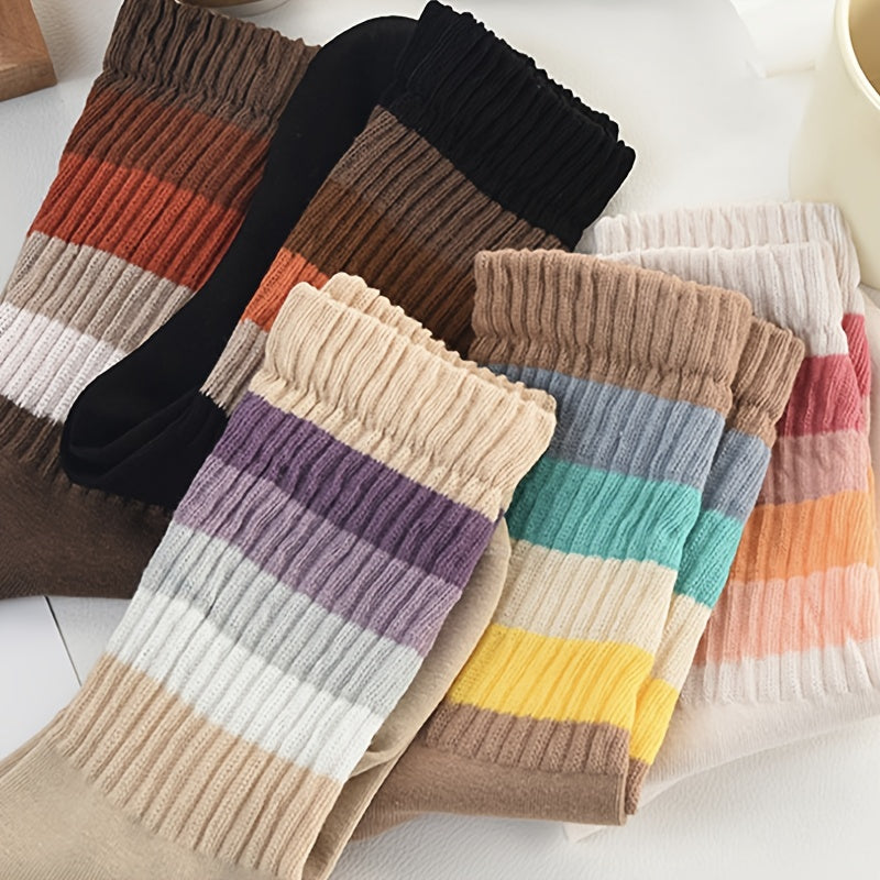 5 Pairs Colorblock Striped Socks Comfy & Breathable Mid Tube Socks