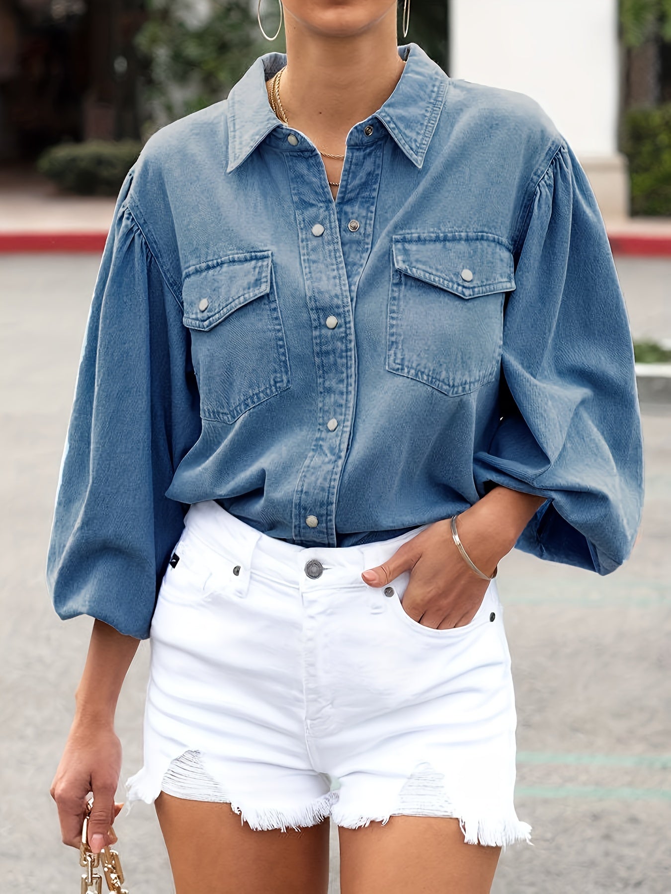 Long Sleeve Denim Shirt Flap Pockets Single Breasted Button Jacket