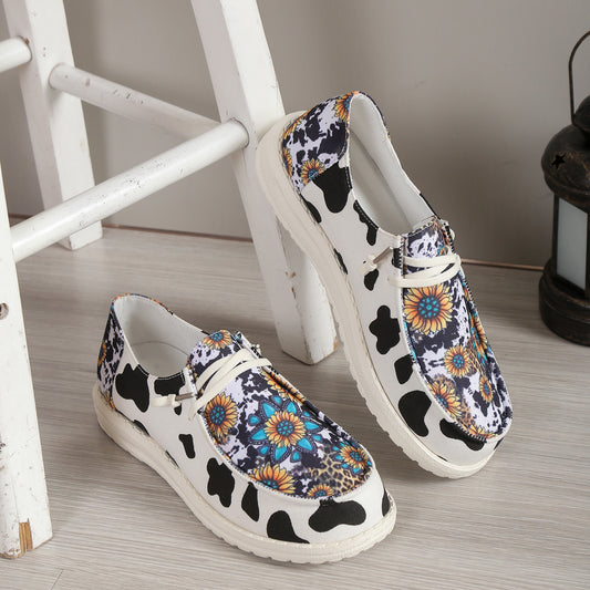 Women's Cow & Sunflower Print Canvas Lace Up Flat Outdoor Shoes