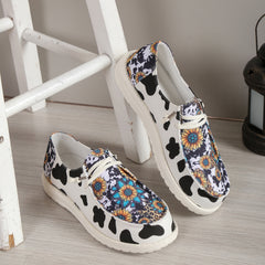 Women's Cow & Sunflower Print Canvas Lace Up Flat Outdoor Shoes