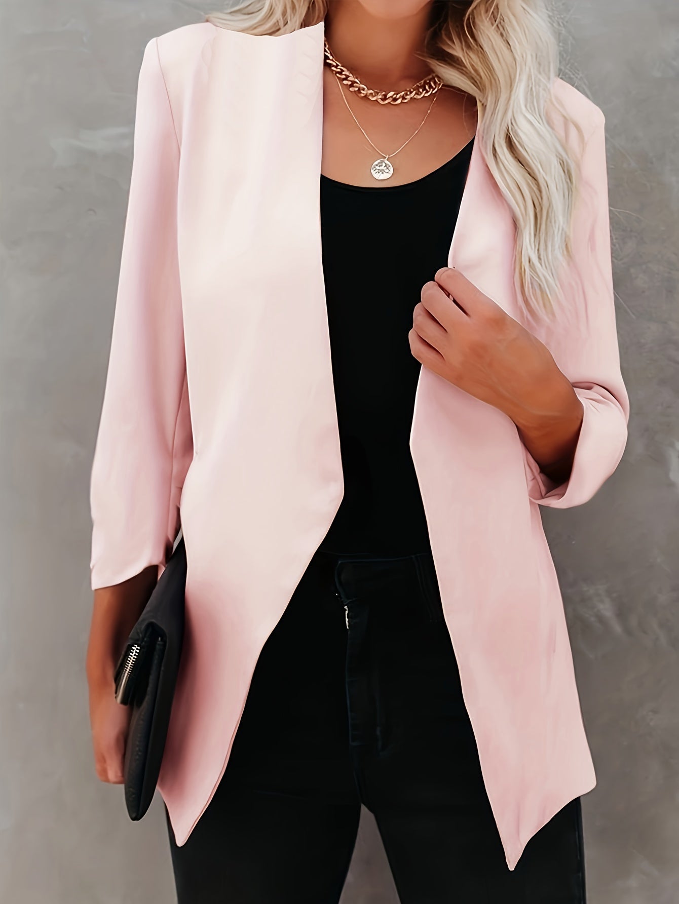  Solid Long Sleeve Open Front Workwear Blazer