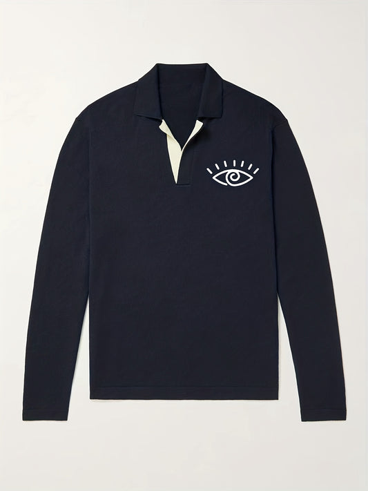 Men's Eye Pattern Knit Polo Shirt Casual Lapel Middle Stretch V Neck Sweater
