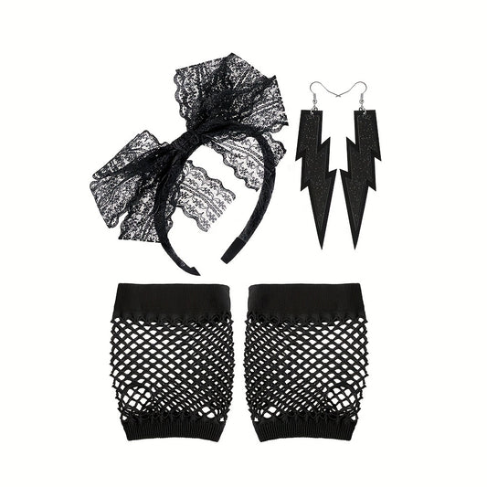 Lace Headband Earrings Fishnet Stocking Set for Party