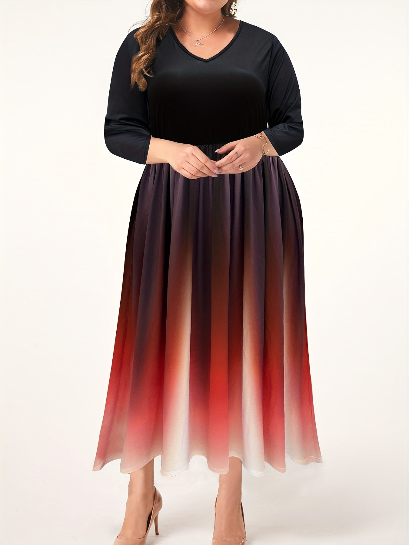  Colorblock Ombre V Neck Maxi Dress