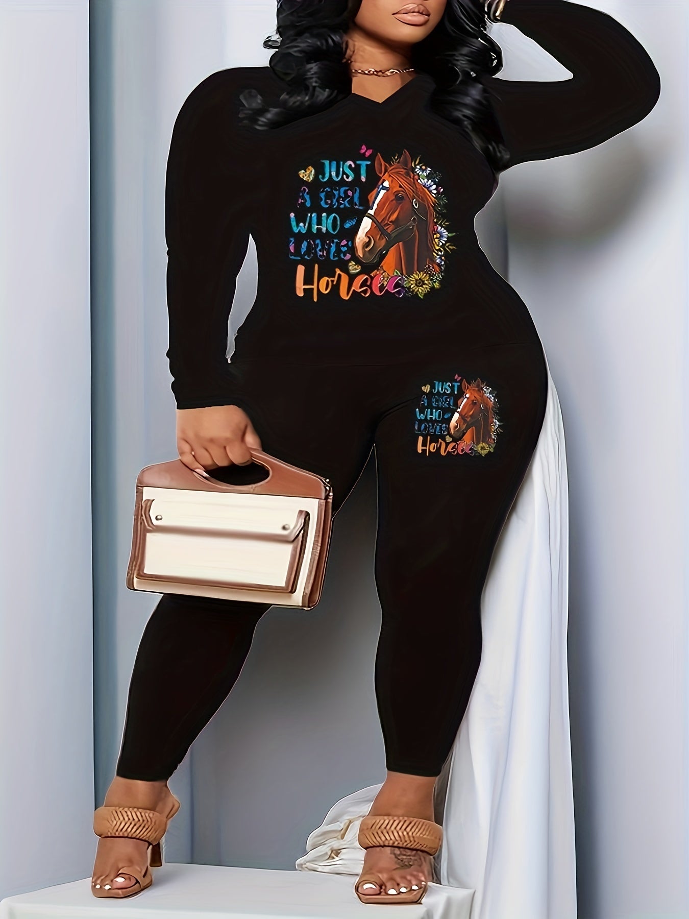 Women's Plus Horse & Slogan Print V Neck Top & Leggings Set