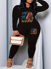 Women's Plus Horse & Slogan Print V Neck Top & Leggings Set