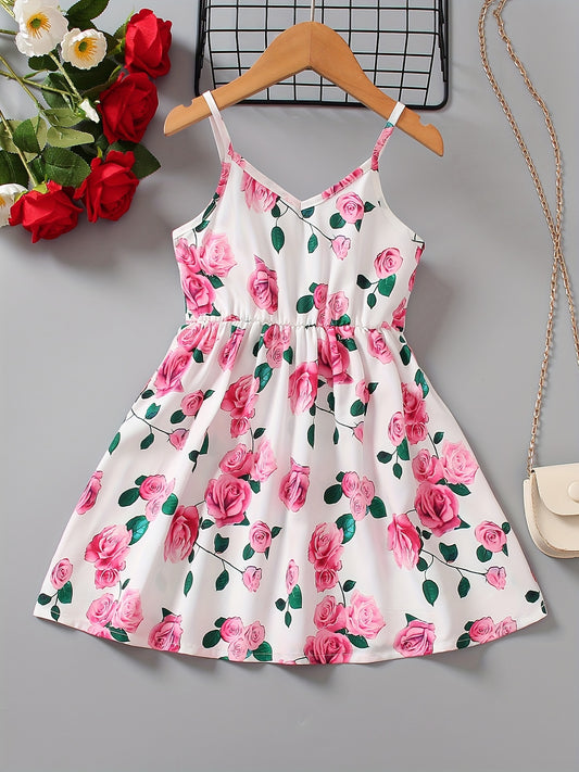 Girls Rose Print High Waist Cami Dress for Summer