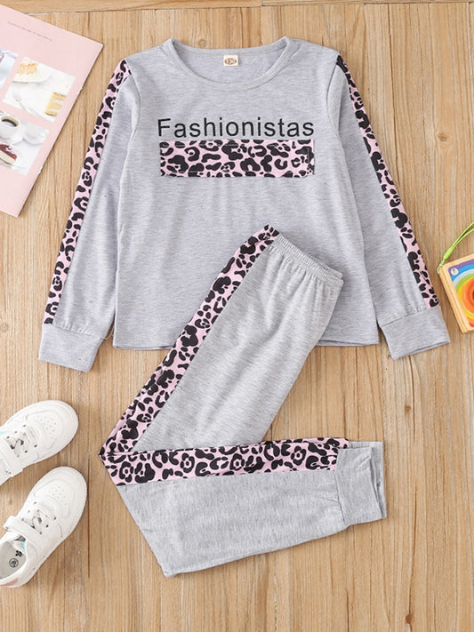 Girls Patchwork Leopard Crew Neck Long Sleeve Loungewear