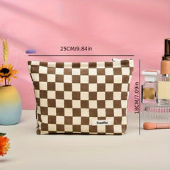 Corduroy Checkered Makeup Bag Zipper Pouch Large Capacity Cosmetic Organizer
