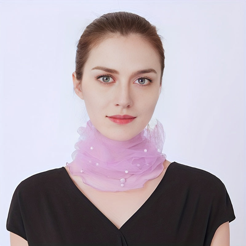 Faux Pearl Scarf Neckerchief Lightweight Gauze Infinity Scarf