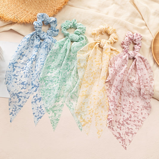 Floral Scarf Scrunchies Hair Ties With Ribbons