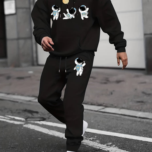 Men's Astronaut Print 2Pcs Outfits: Crew Neck T Shirt & Hooded Sweatshirt Set