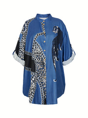  Casual Blouse Women's Plus Chain & Leopard Print Button Up