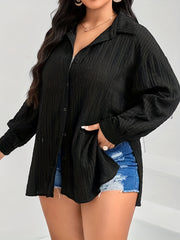  Women's Solid Long Sleeve Button Up Split Shirt