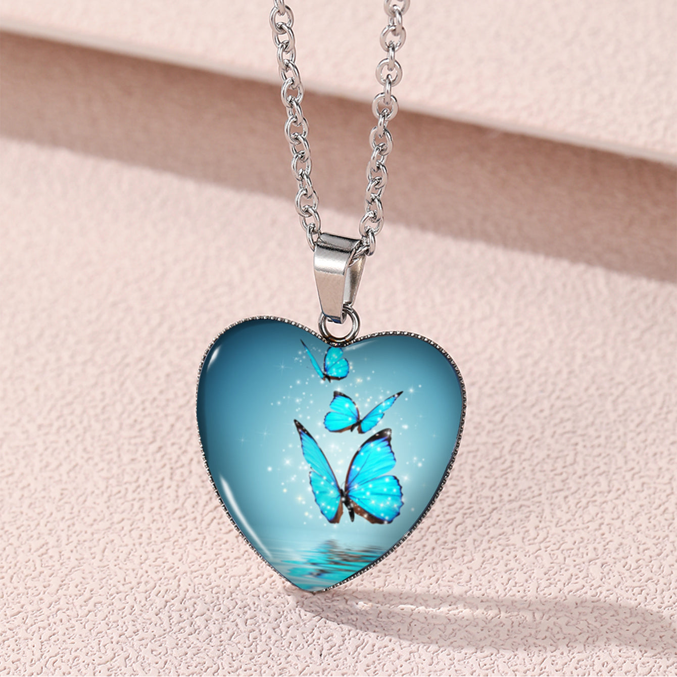 Butterfly Pattern Drop Necklace With Heart Shape Glass Pendant Neck Chain