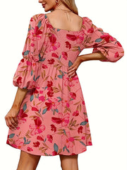 Floral Print Shirred Square Neck Dress Casual Three quarter Sleeve Dress