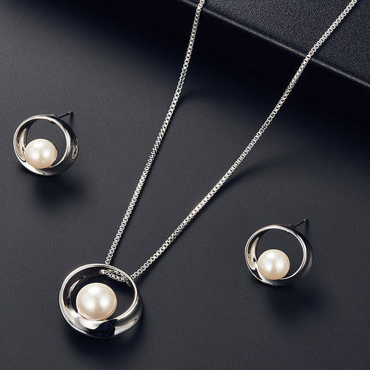 Faux Pearl Inlaid Round Jewelry Set Pendant Necklace & Stud Earrings