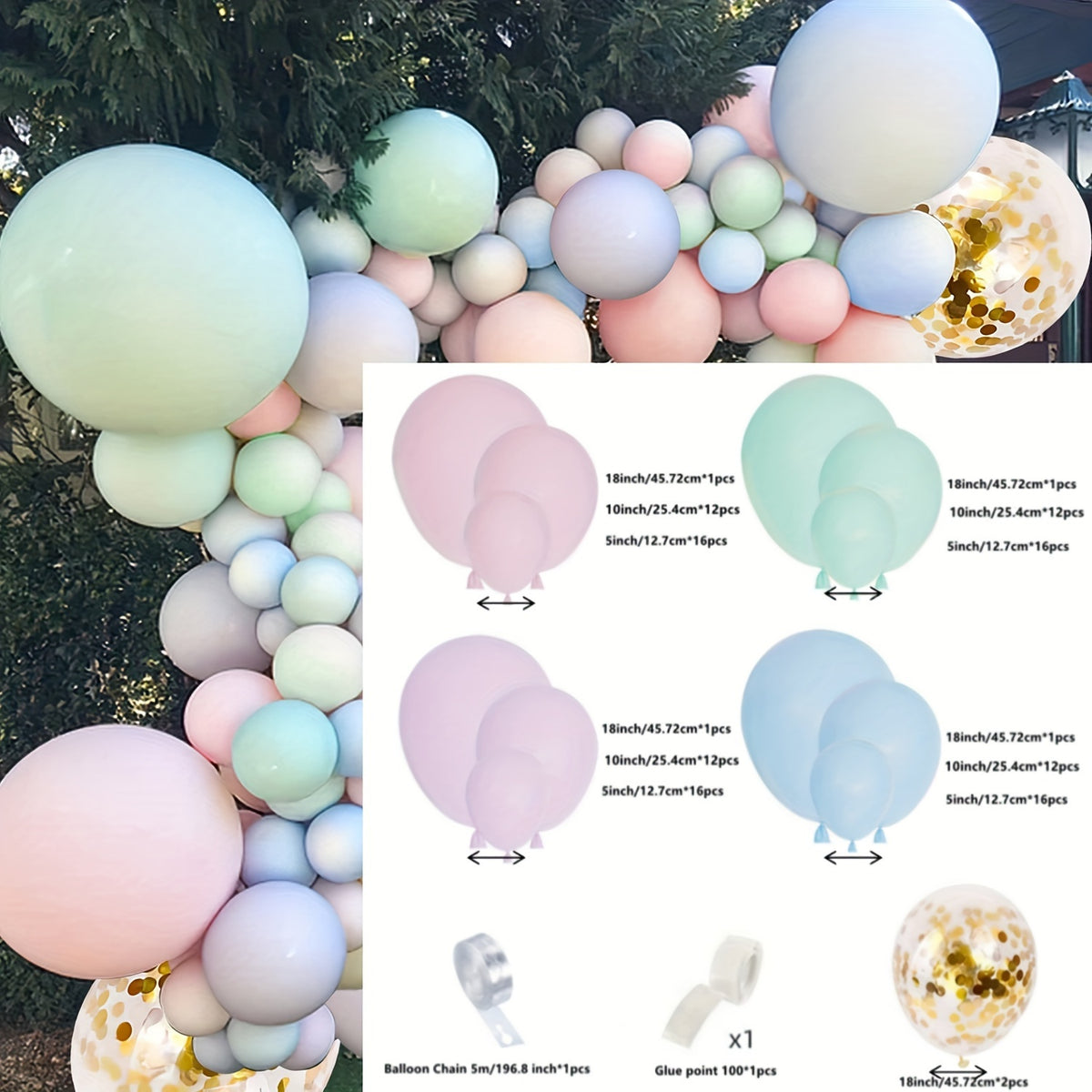120pcs Balloon Garland Kit Macaron & Gold Confetti Balloons Party Decor