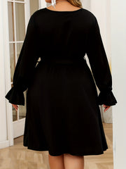 Pearl Beaded Flounce Sleeve Wrap V Neck Dress