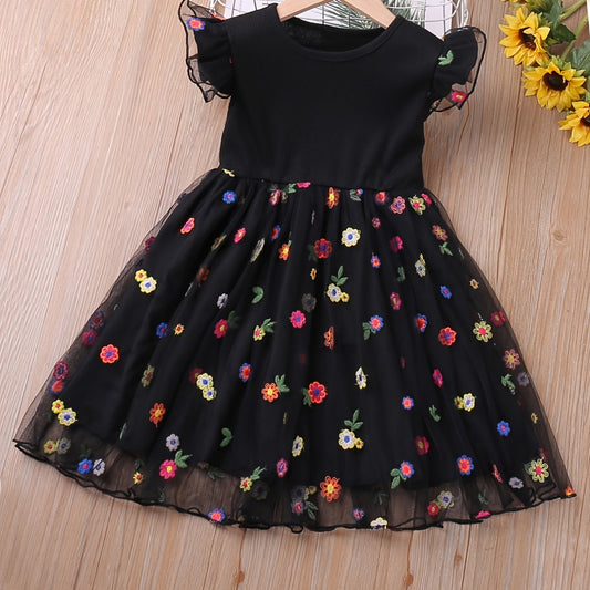 Toddler Girls Mesh Ruffled Sleeves Colorful Flowers Embroidery Splicing Princess
