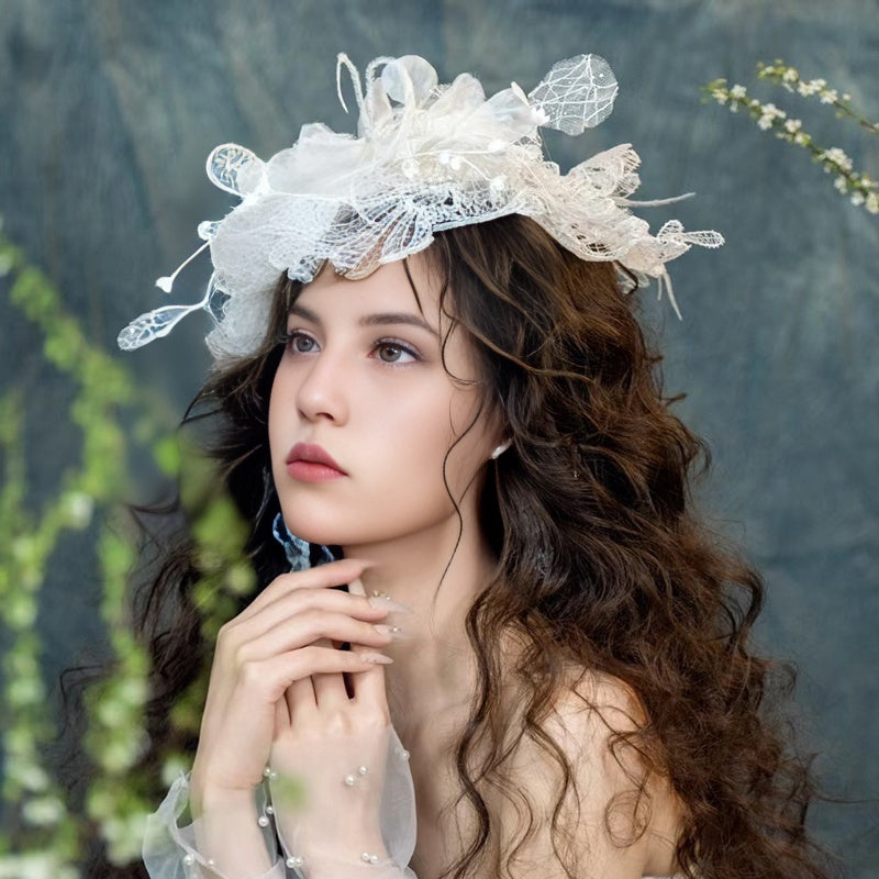 Vintage Bride Floral Hat with Lace Detail Mesh Fabric