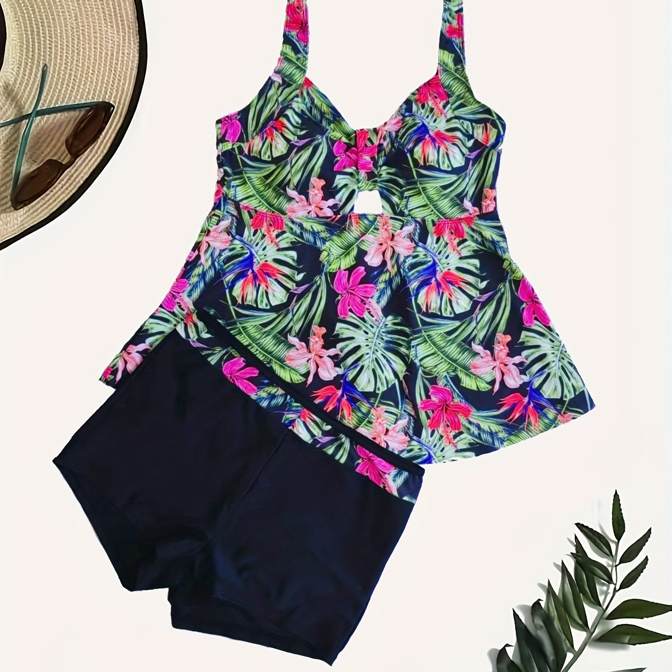  Boho Tankini Set Tropical Print V Neck Cami Top & Shorts