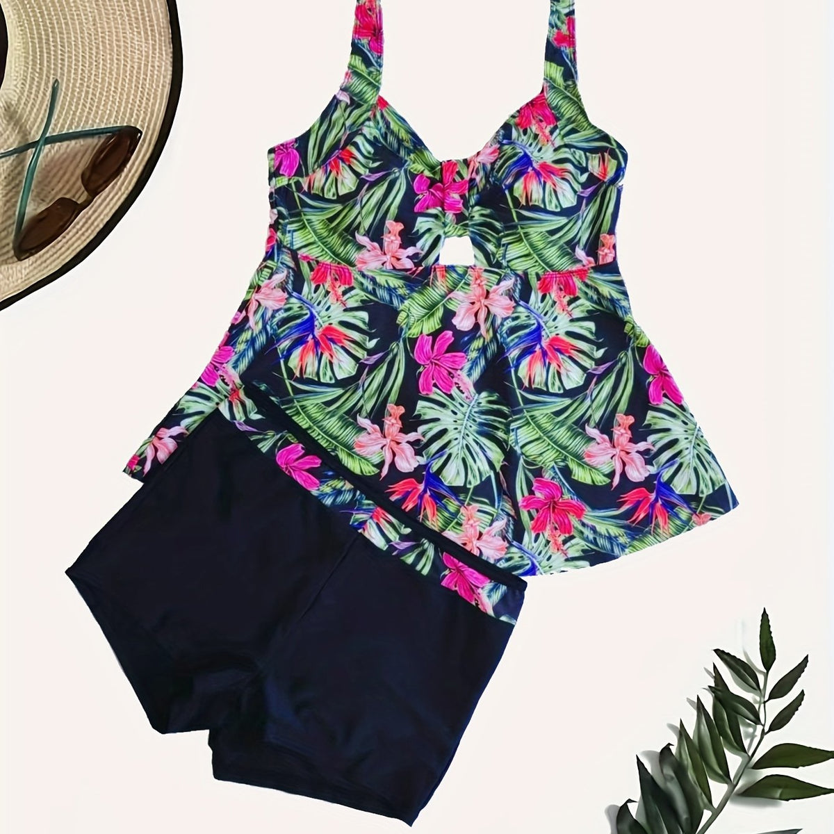  Boho Tankini Set Tropical Print V Neck Cami Top & Shorts