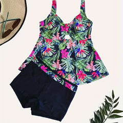  Boho Tankini Set Tropical Print V Neck Cami Top & Shorts