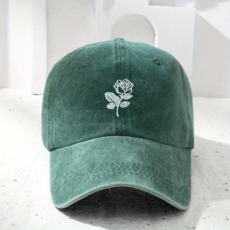 Distressed Baseball Cap Rose Embroidery Adjustable Sun Hats