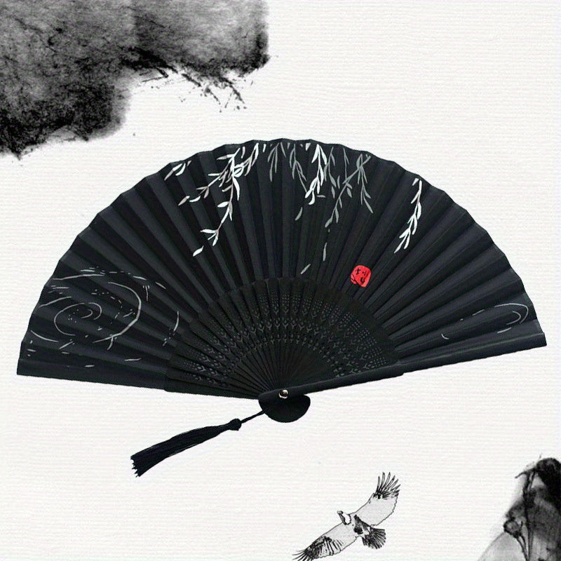Folding Fan Women's Handheld Fan Silk Bamboo Hollowed Tassel Fan