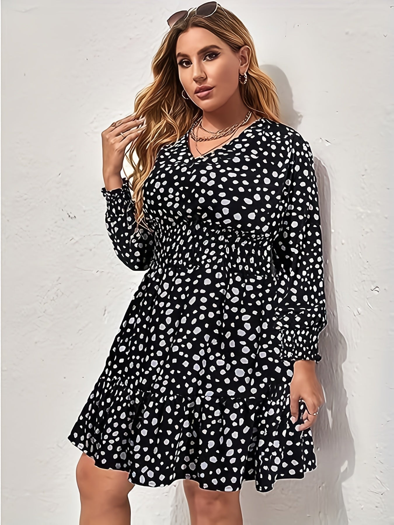 Women's Plus Dalmatian Print Lantern Sleeve Mini Dress