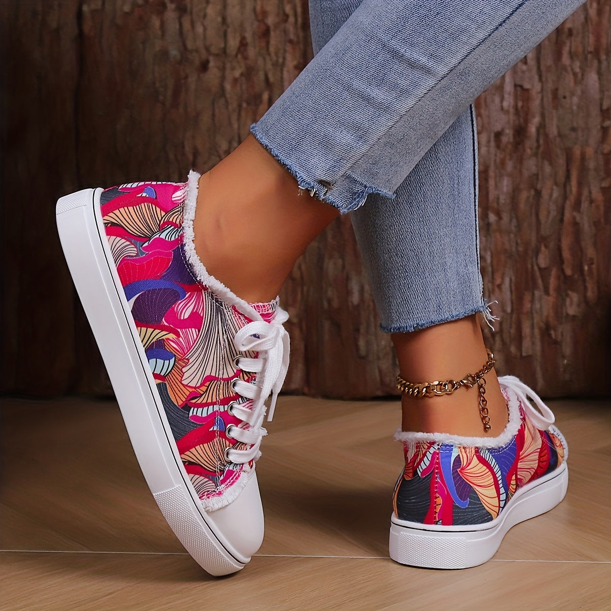 Women's Art Printed Canvas Low Top Sneakers Lace Up Round Toe Casual Shoes