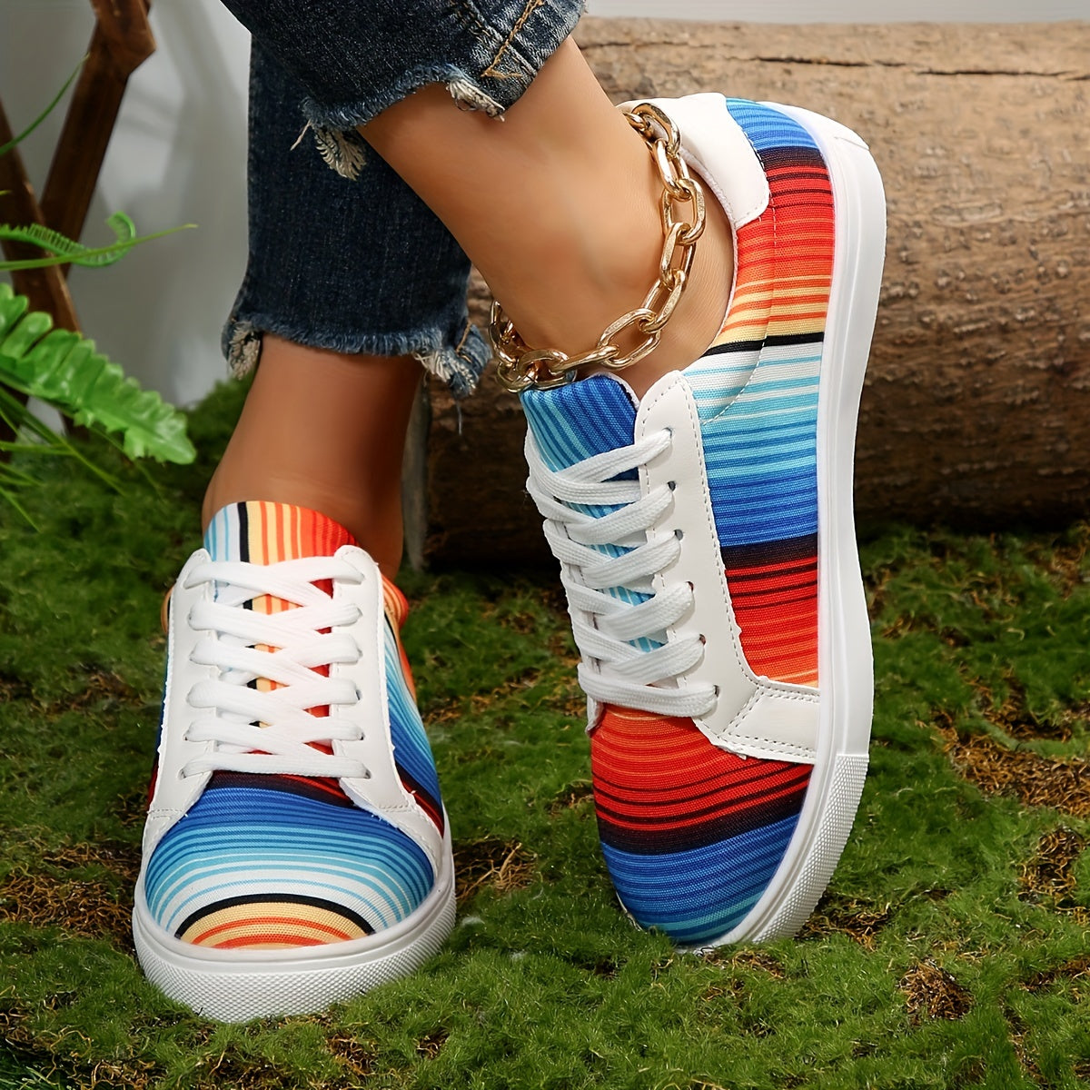 Colorful Striped Canvas Shoes Low Top Flat Walking Sneakers