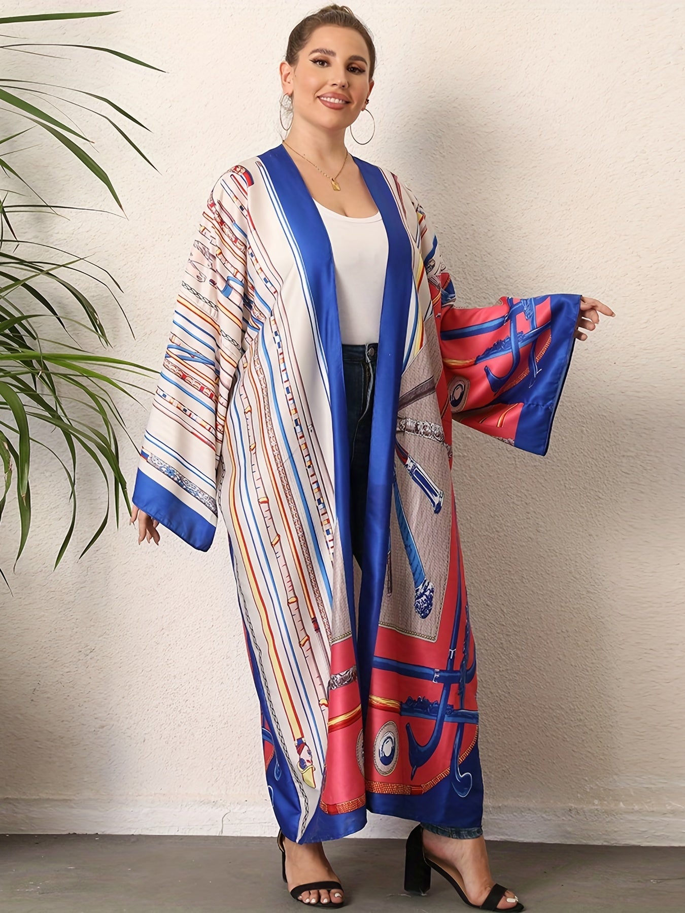 Boho Kimono Women's Plus Size Allover Print Long Sleeve Open Front Beachwear