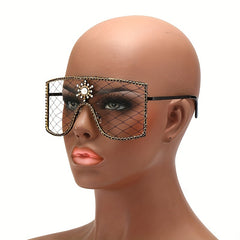 Women's Mesh Shield Glasses Faux Pearl Rhinestone Party Queen Costume