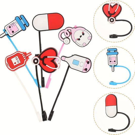 5pcs Cartoon Medical Style Straw Tips Reusable Straw Covers For 6 8 Mm Straws