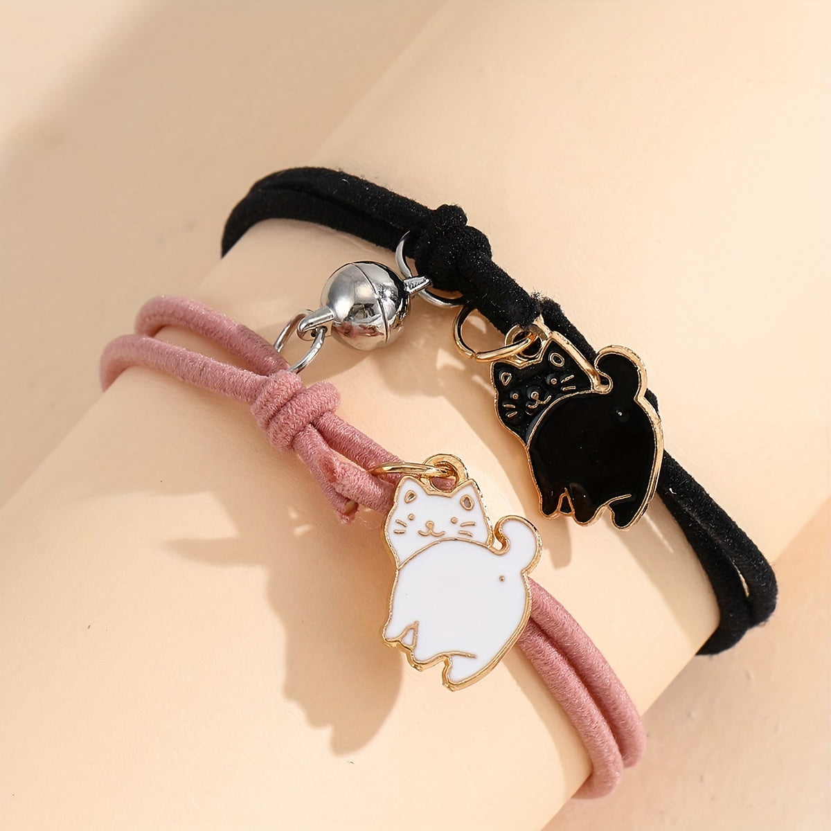 2 Pcs Cat Couple Bracelet Set Adjustable Braided Bracelet
