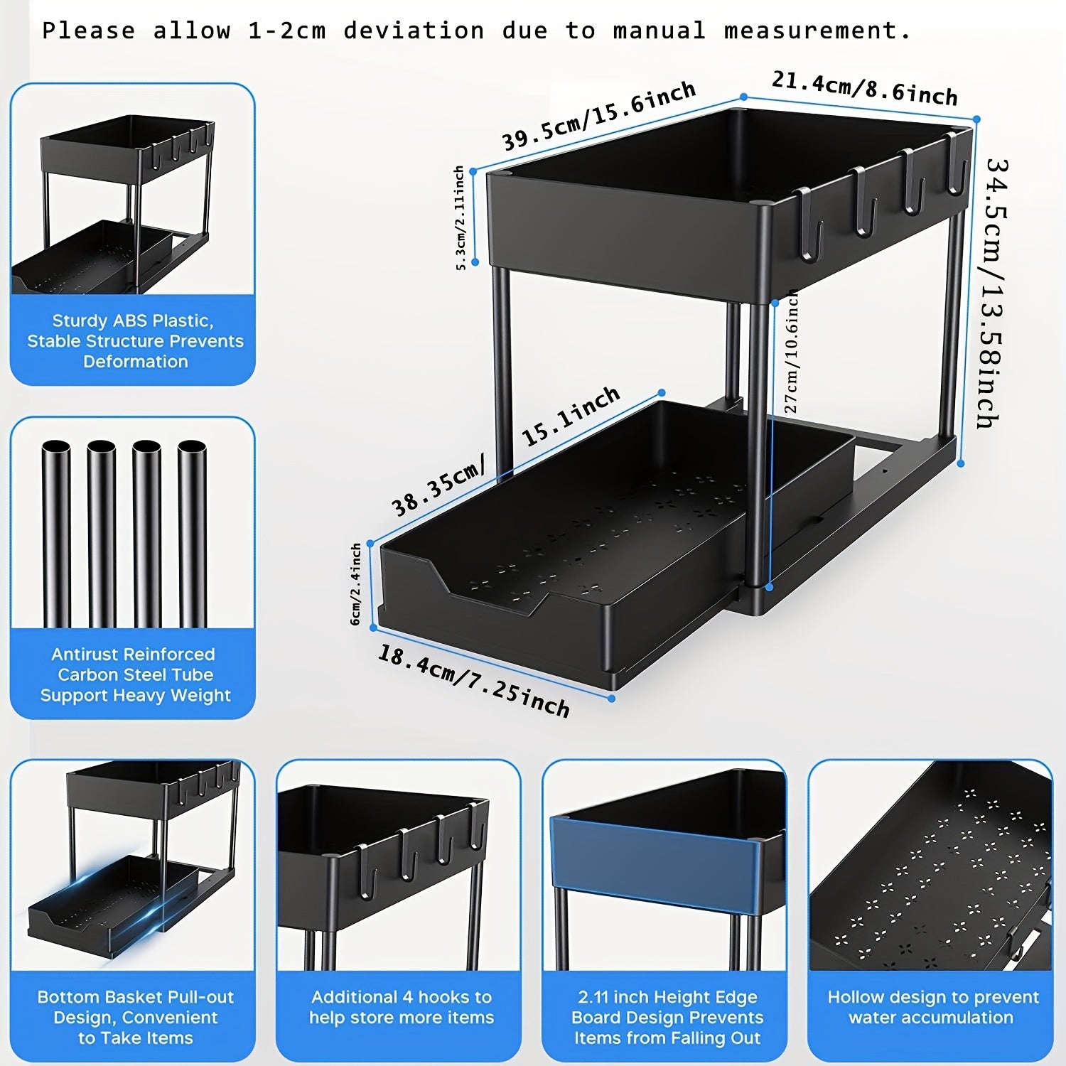 2 Tier Sliding Cabinet Basket Organizer Under Sink Storage Bathroom Kitchen