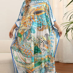  Boho Cover Up Feather Print Bat Sleeve Loose Split Beach