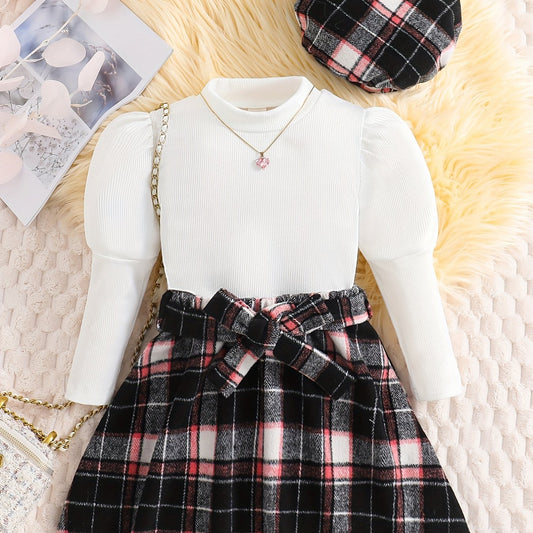 Girl's 3pcs Ribbed Top & Hat & Skirt Set Plaid Pattern Casual