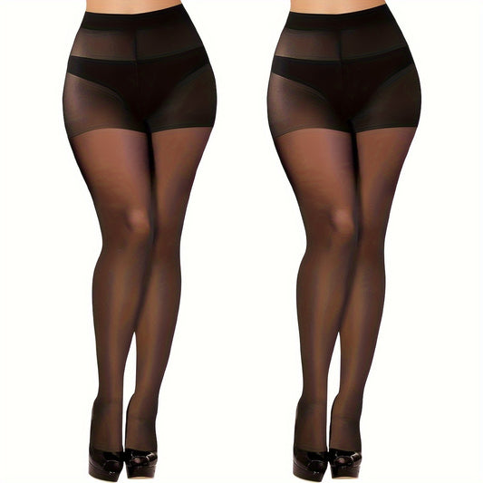 2 Pairs Plus Size Casual Stockings Set Women's Plus Control Top Pantyhose