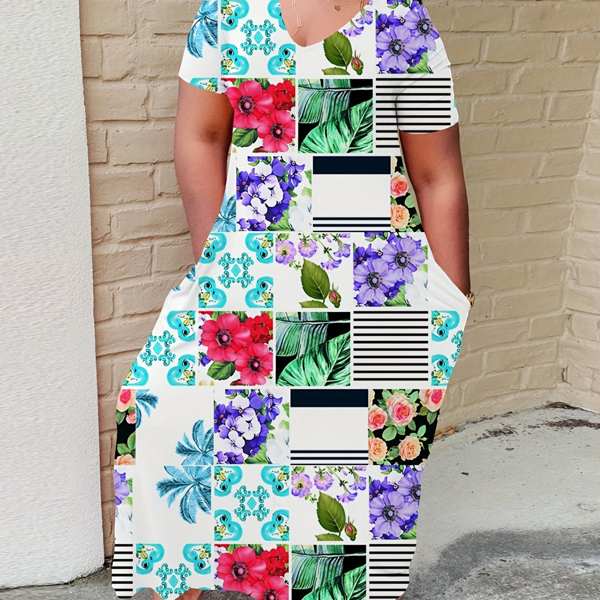  Colorblock Floral Print Maxi Dress With Pockets