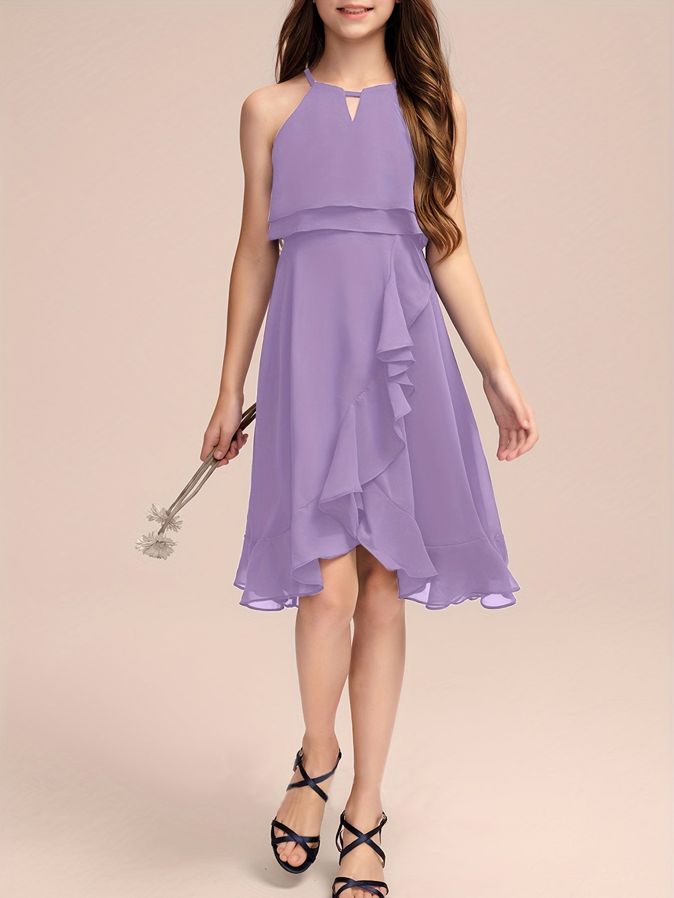 Girls Asymmetrical Ruffle Trim Cami Bridesmaid Dress