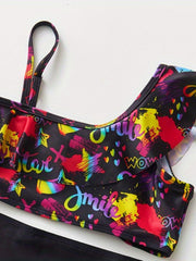 2pcs Graffiti Graphic Tankini Swimsuit Set for Girls - Summer Beach Pool Parties