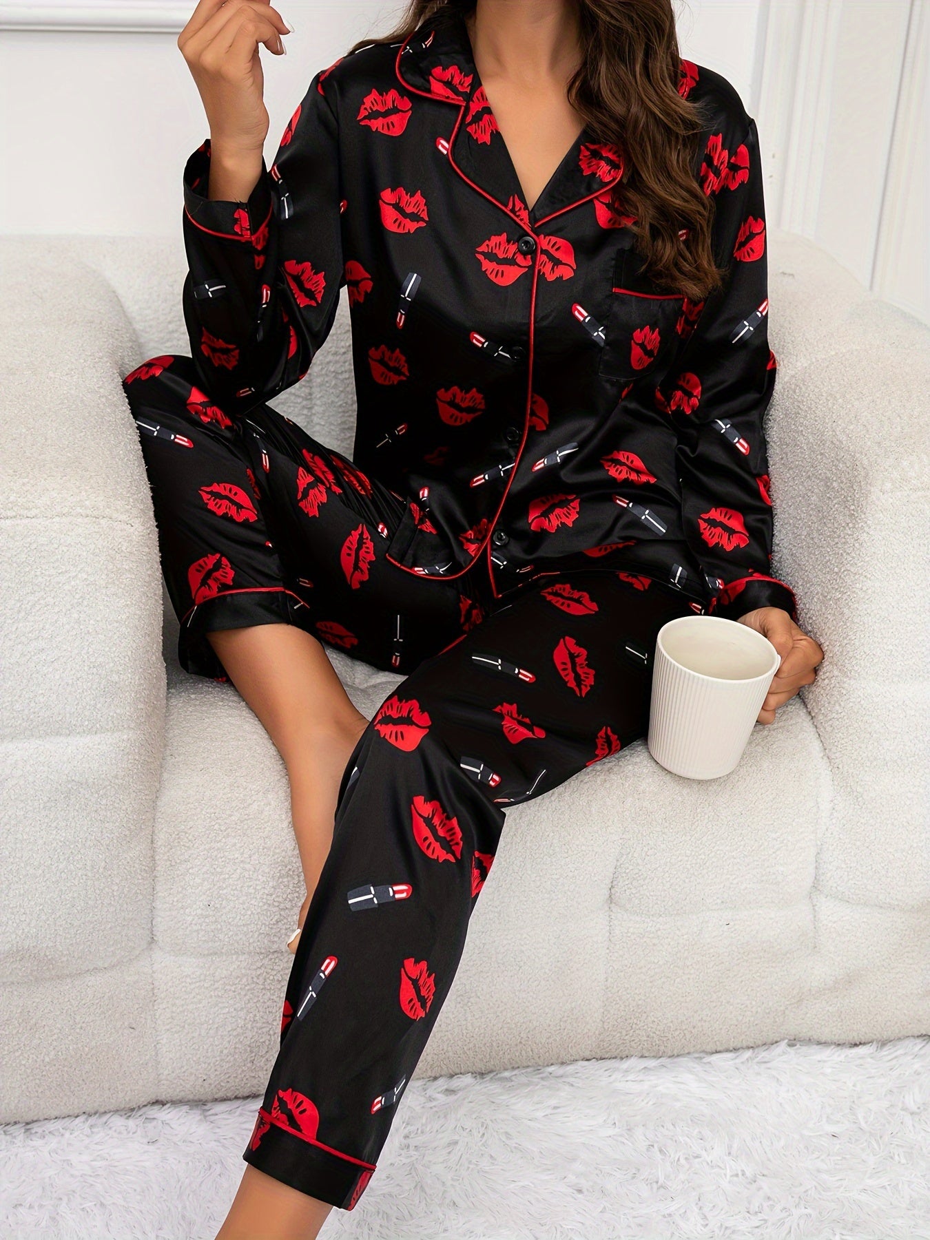 Lips Print Pajama Set Long Sleeve Top & Pants Women's Sleepwear