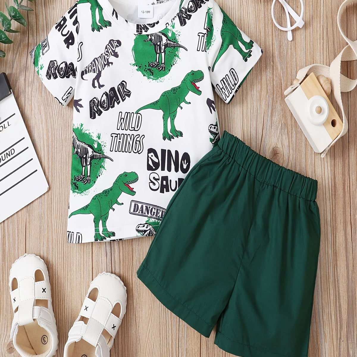 Toddler Boys Dinosaur Print Top & Shorts Set - Summer Kids Clothes